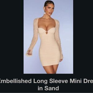 Oh Polly Tan Embellished Ruched Long Sleeve Mini Dress
